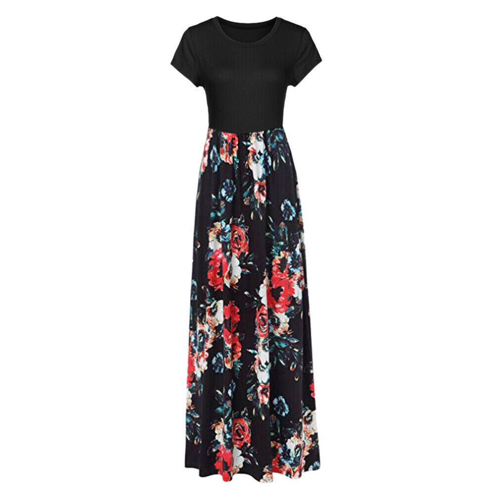 Vintage Floral Print Boho Dress Women Long Maxi Dress Evening Party Beach Summer Dress Vestidos Short Sleeve Split Dresses