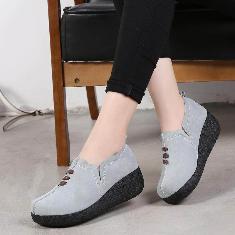 Flats Shoes For Women Leather Slip On Casual Shoes   Korean Style Wedges Loafers Women Thick Bottom Ladies Shoes