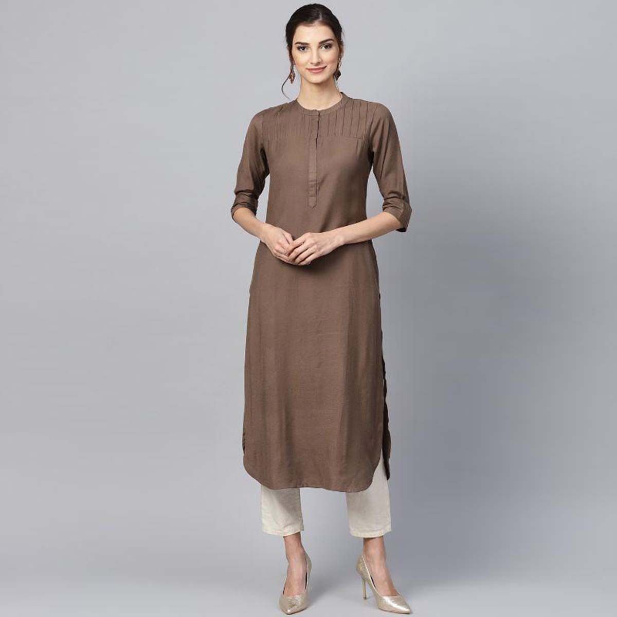 Brown Linen Stylish Fashionable Single Top Kurti for Women Bend The Trend - (Tailor Made)