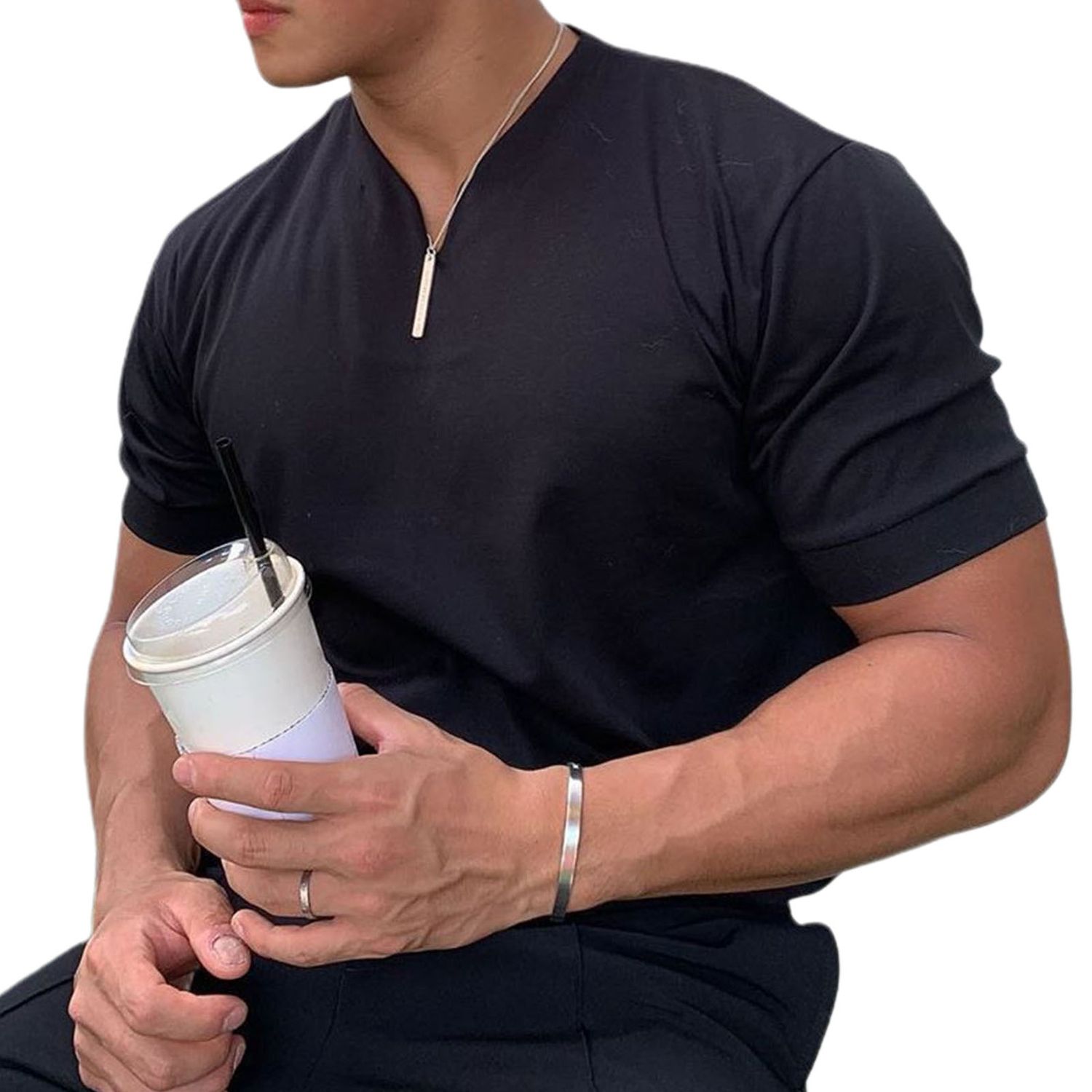 Men Shorts V Neck Breathable Cotton Blend Sport Gym Tops for Daily Life