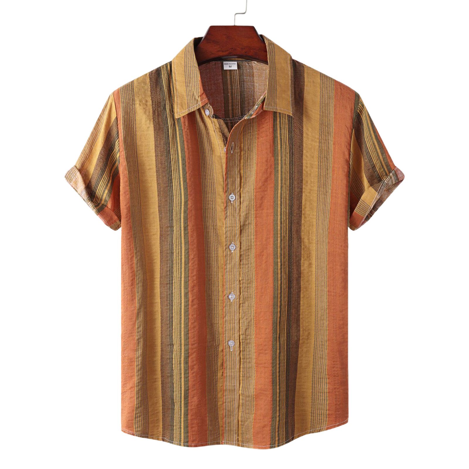 Men Striped Print Shirt Turn-down Collar Breathable Short Sleeve Buttons Closure Casual Shirt Beachwear