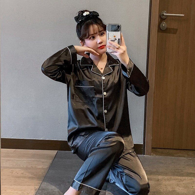 Silk  Pajamas Set Solid Long Sleeve Casual Sleepwear Winter Couple Nightwear Men & Women Loungewear M-3XL