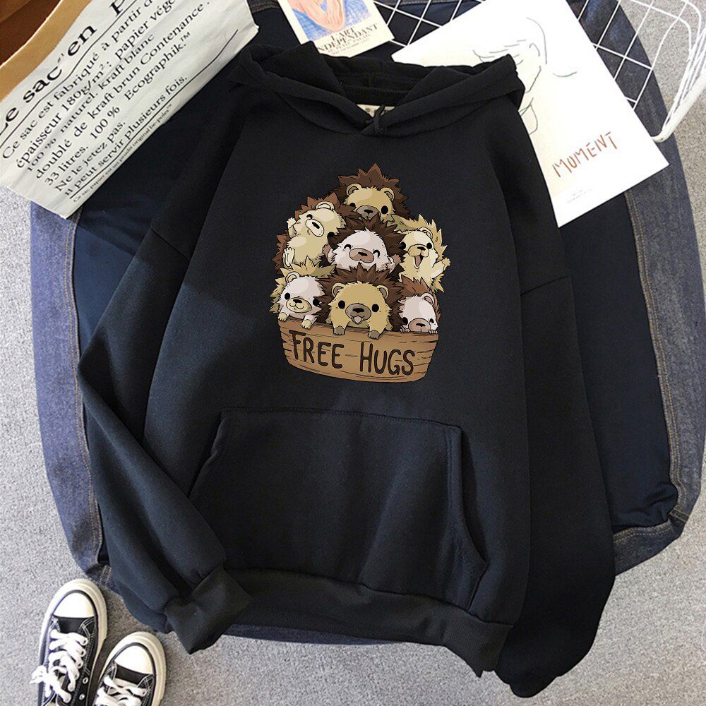 Little Hedgehog Free Hugs Sweatshirts Cartoon Print Pullovers Mens Fashion  Hop Tracksuit Men's Fleece Vintage Clothing Male