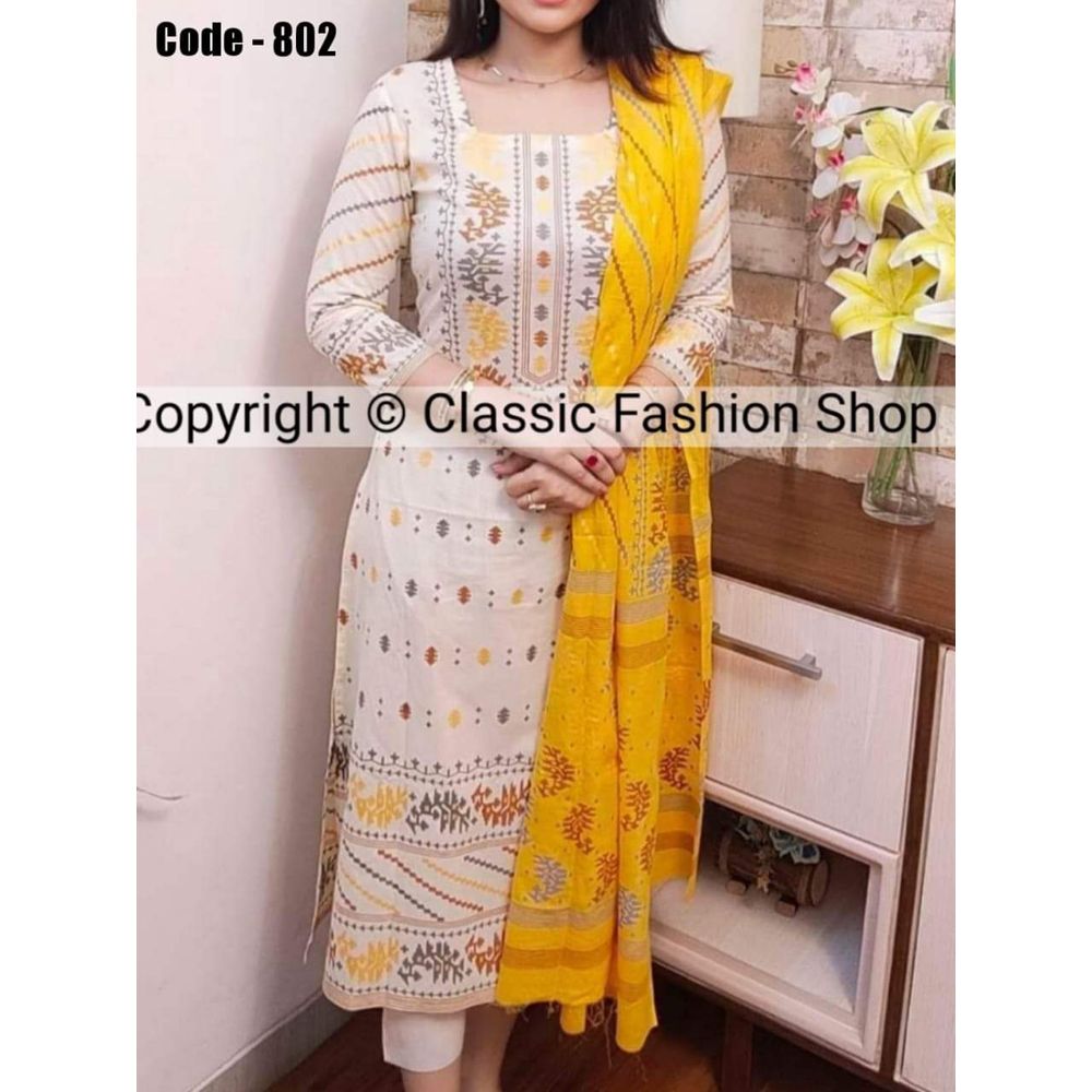 Unstichied  Screen Print Cotton Three Piece salower kameez for women
