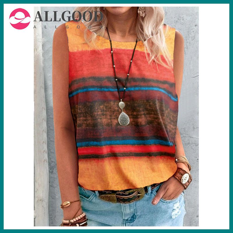 Summer New Casual Loose Round Neck T-Shirt Gradient Contrast Vest Plus Size Pullover Tank Tops Women Clothing