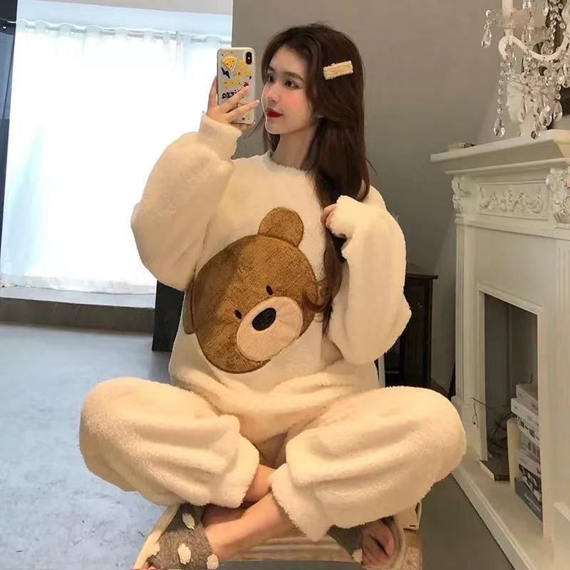 Autumn Winter Warm Flannel Women Pyjamas Sets Thick Coral Velvet Long Sleeve Cartoon Sleepwear Flannel Pajamas Set Girl