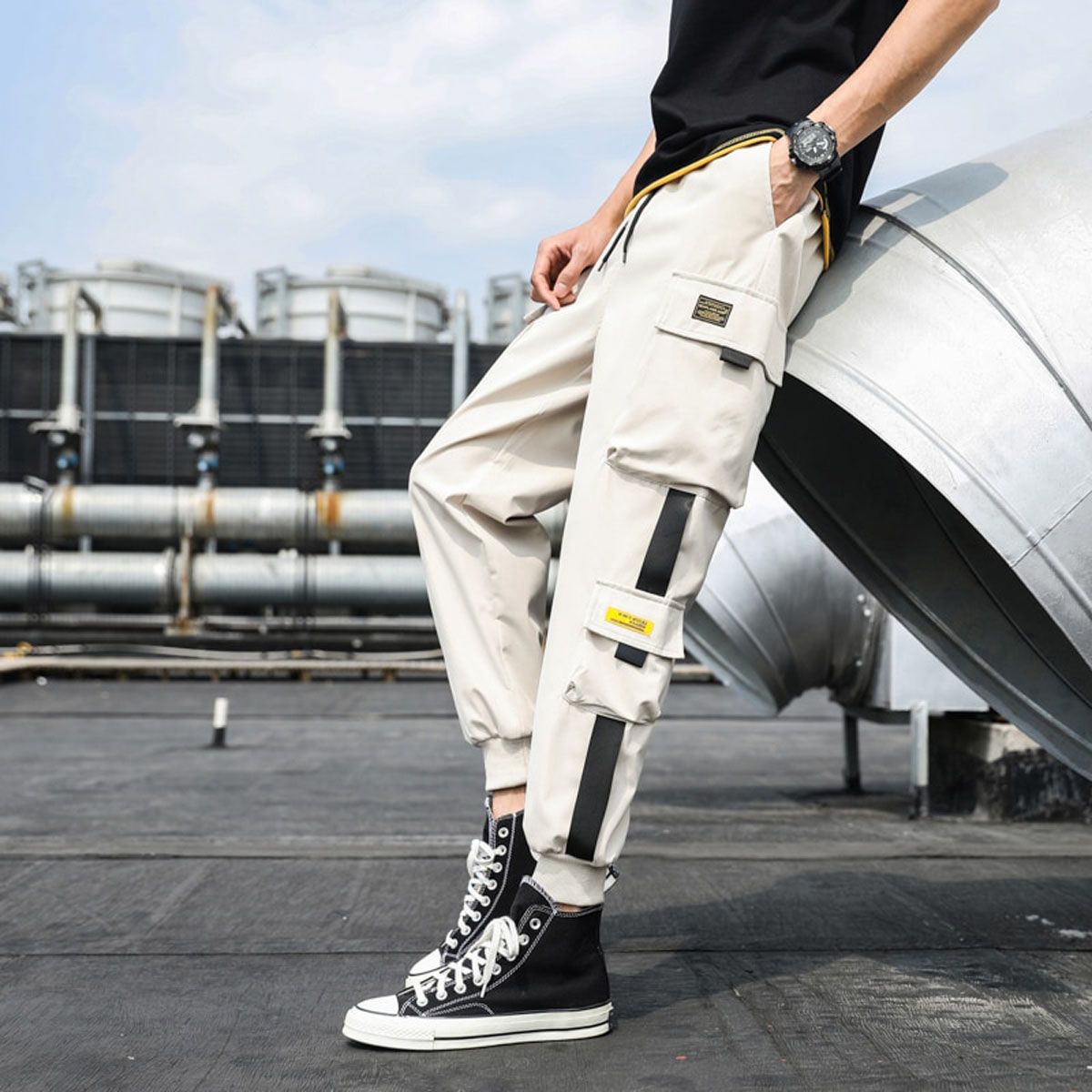 Men's Pants Ankle Style Pockets Cargo Harem Ribbons Black Hop Casual Male Joggers Trousers Fashion Casual Streetwear Pants