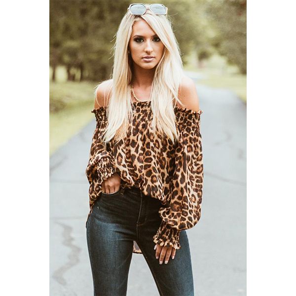 Ladiesoomph T Shirt Top Fashion One Shoulder Leopard Print Long Lantern Sleeve Loose Casual Blouse