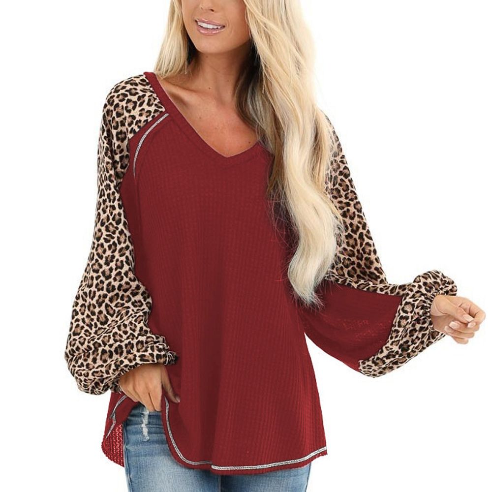 Blouse Woman Long Sleeve V-neck Leopard Splice Lantern Sleeve Irregular Hem Short Front and Long Back Loose Sexyy Woman Clothing Top