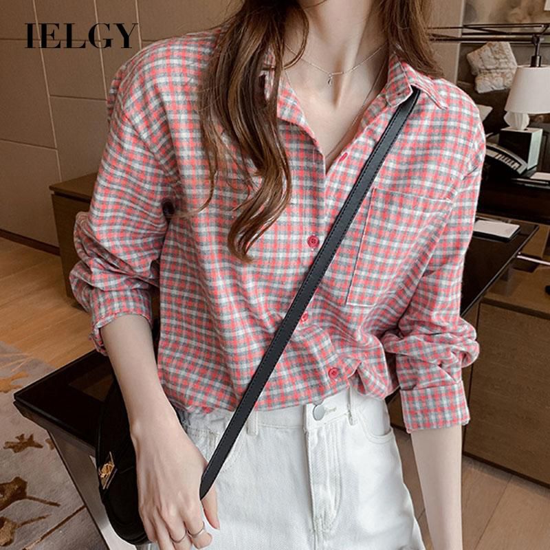 IELGY Women's clothes all-match bottoming shirt jacket plaid long-sleeved fashion loose casual Korean version