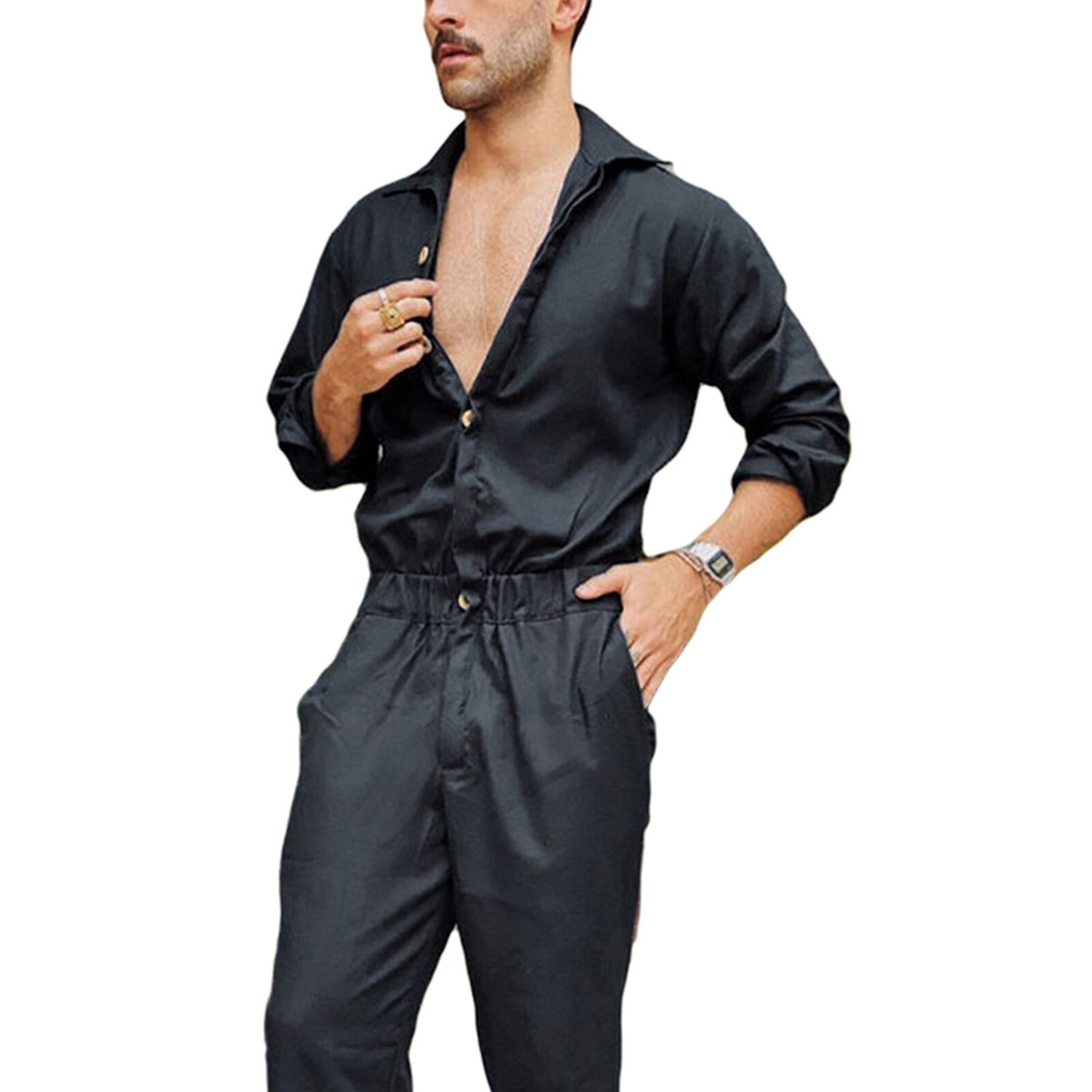Men Jumpsuit Playsuit Solid Color Buttons Male Casual Cargo Style Overalls Turn Down Collar Long Sleeve Slim Fit High Waist Pant