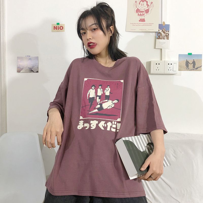 Women Fashion Loose Cartoon Print T-shirt Summer Simple Pullover Casual Base Shirt