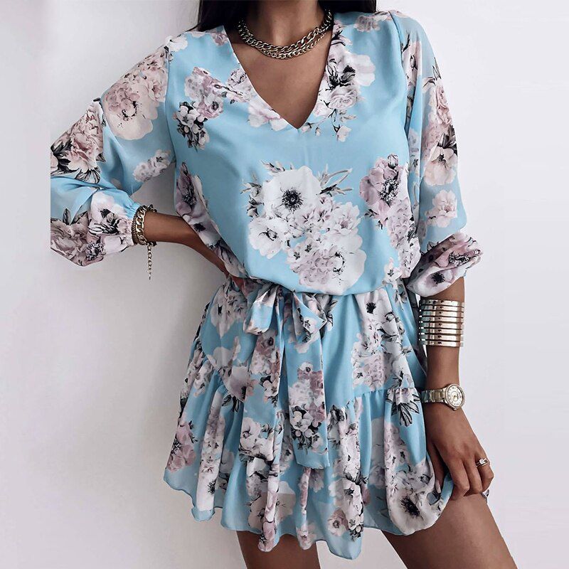 Spring Women's Chiffon V Neck Flower Print Dress Casual Long Sleeve Short Dress Female Boho Leisure A Line Party Vestidos