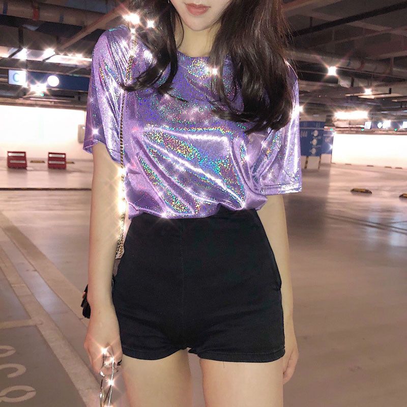 summer woman tops shiny loose short sleeve t-shirt  club aesthetic harajuku women stylish bright silk tshirt