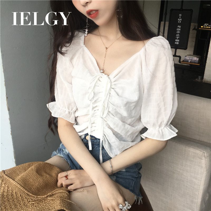 IELGY Korean version of the wild short drawstring sweet short-sleeved v-neck fungus chiffon shirt shirt women