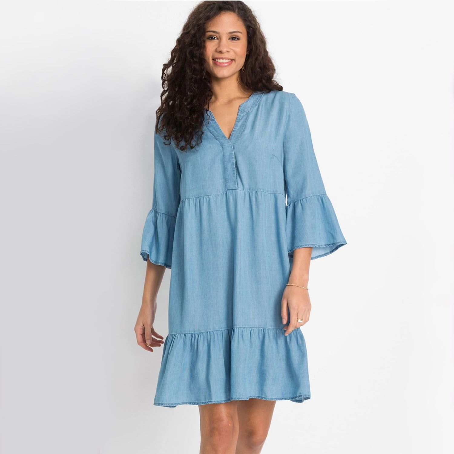 Ruffle Sleeve Ladies Long Tunic (LIGHT BLUE/RUFFLE/CT-30) - Blouse For Women