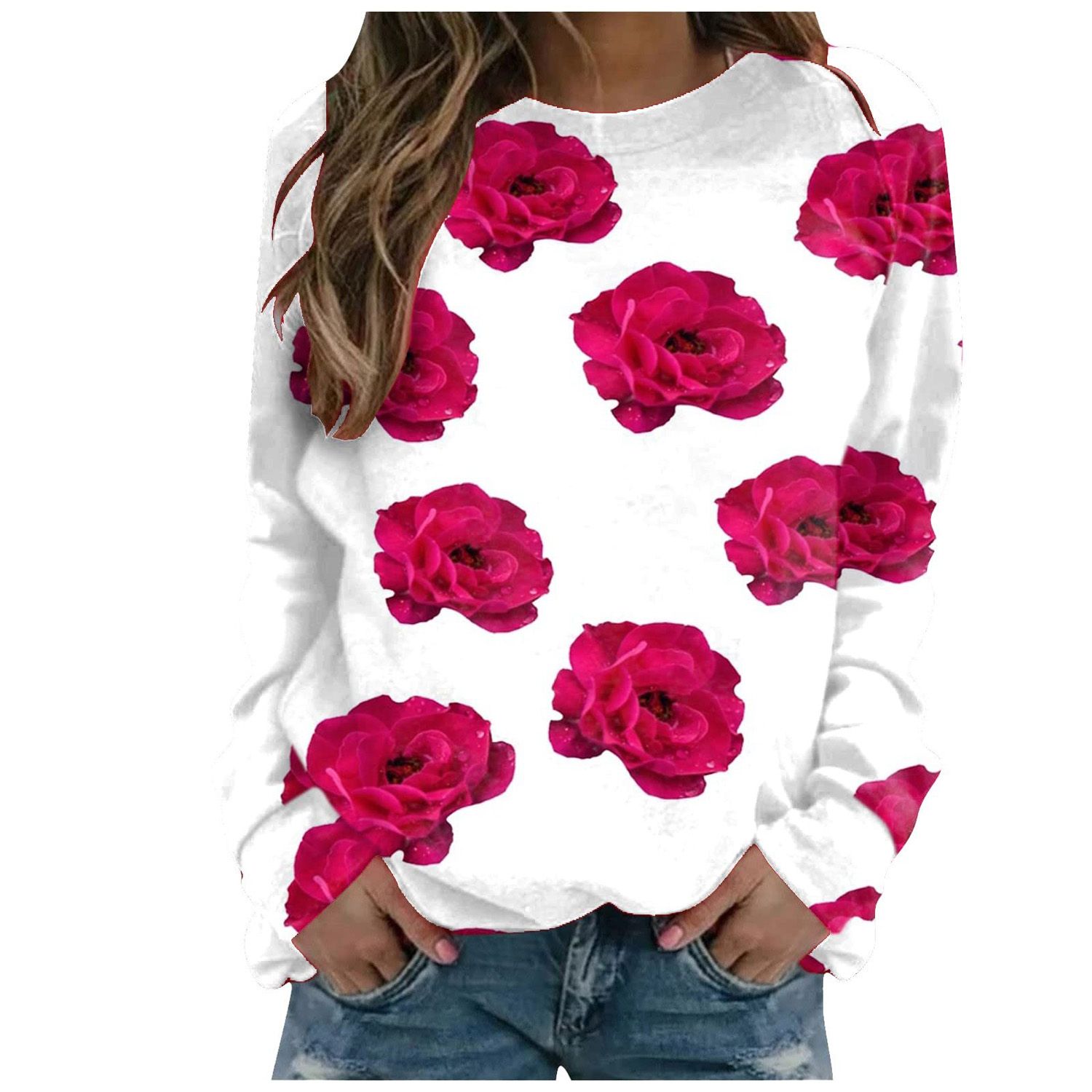 Ladies Valentine's Day Hoodie, Creative Heart/Letter/Flower Printing Long Sleeve Round Collar Tops Casual Sweatshirt
