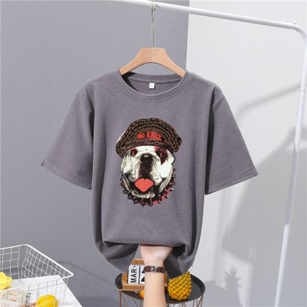 Women Fashion Short Sleeve Dog Print Round Neck T-shirt Casual Summer Pullover Tops