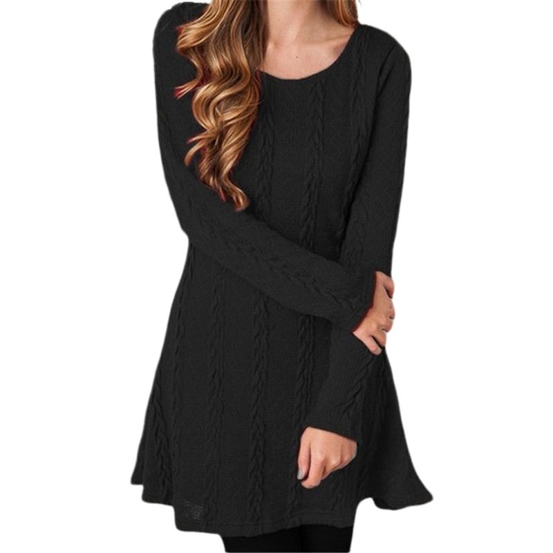 Women Casual Fall Pullover Top Dress Loose Round Neck Sweater Mini Dress Knitted Sweater Round Neck Long Sleeve Dress(S/M/L/XL/2XL/3XL/4XL/5XL)