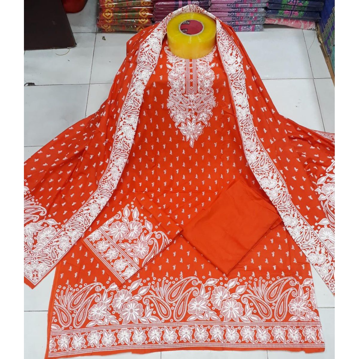 Unstitched Red Orange Color Cotton Rabar Emboss Salwar Kameez for Women