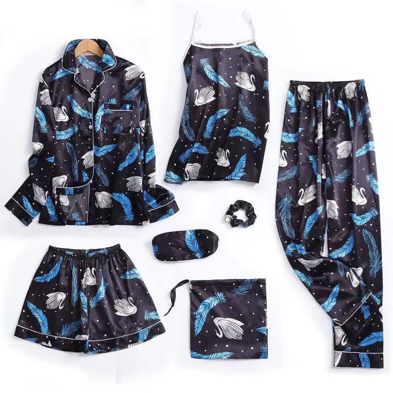 Fashion Women Pajamas Set 7 Pieces Stripes Faux Silk Printing Sleepwear Woman Suit Spring Summer Autumn Homewear