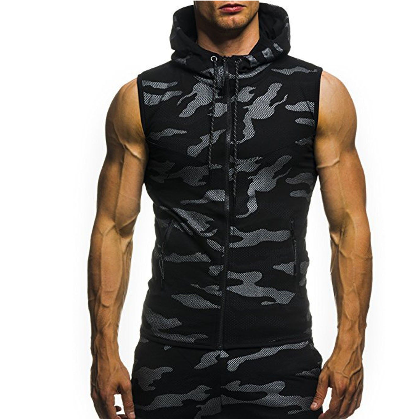 Men's Sleeveless Vest  Zipper Hooded Tops Fashion Casual Vest Slim Fit Gyms Clothing Mens Bodybuilding Hooded TaTop