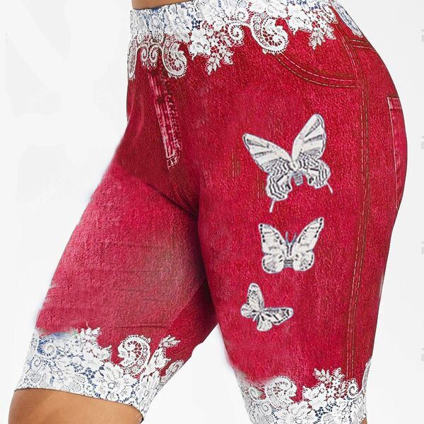 Yoga Shorts Women Summer Fashion Plus Size Comfy Skinny Butterfly Print Casual Jeggings Faux Denim Multi-colored Female Shorts