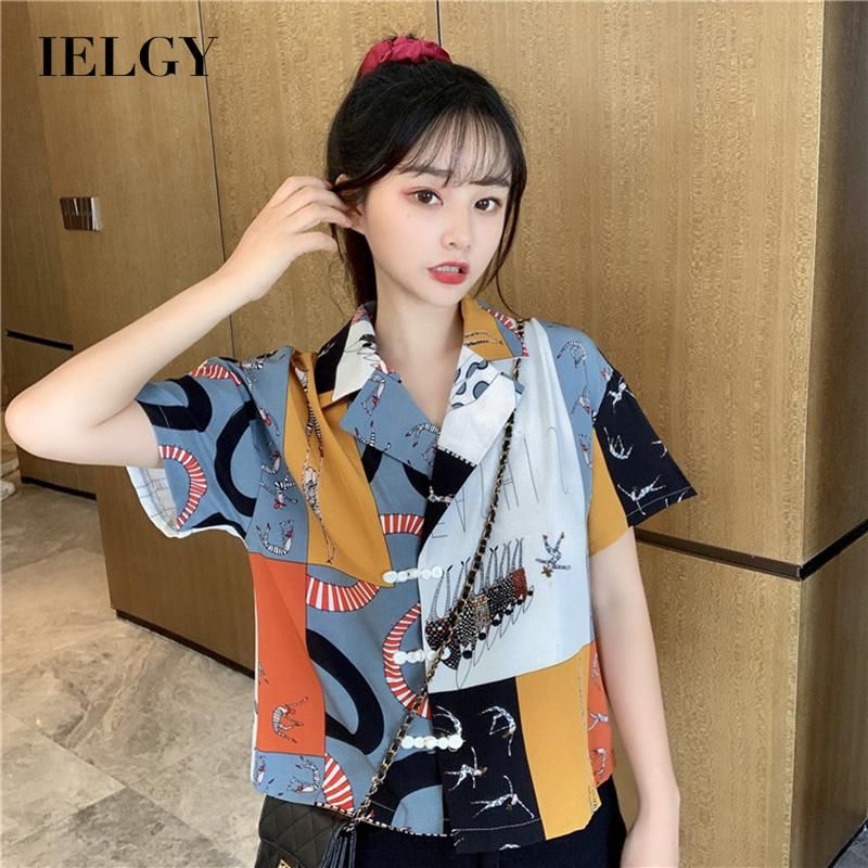 IELGY Print Fashion Women's clothing Top Slim Shirt Short-sleeved Versatile Loose Niche