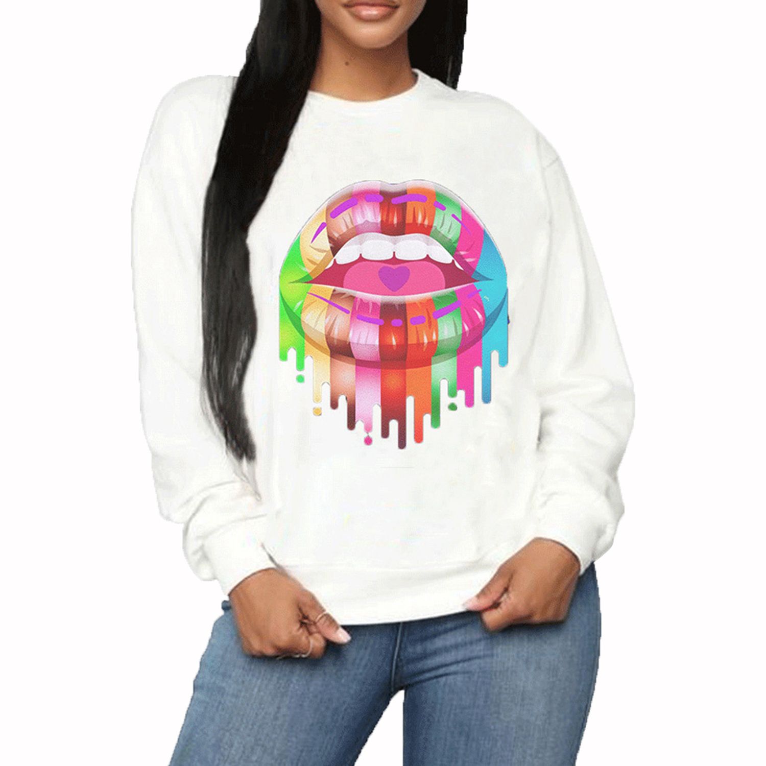 Women Casual Style T-shirt, Long Sleeve Round Neck Lip Print Pullover (White, Black, Yellow, Blue, Gray)