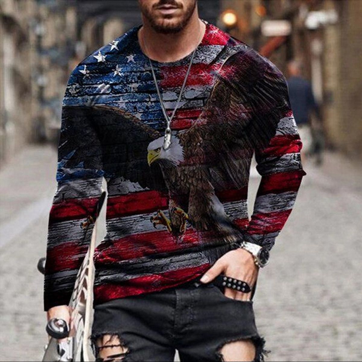 3D Dil Casual Men's T-shirt Long Sleeve Shirt Printed Flag European and American Men's Tops