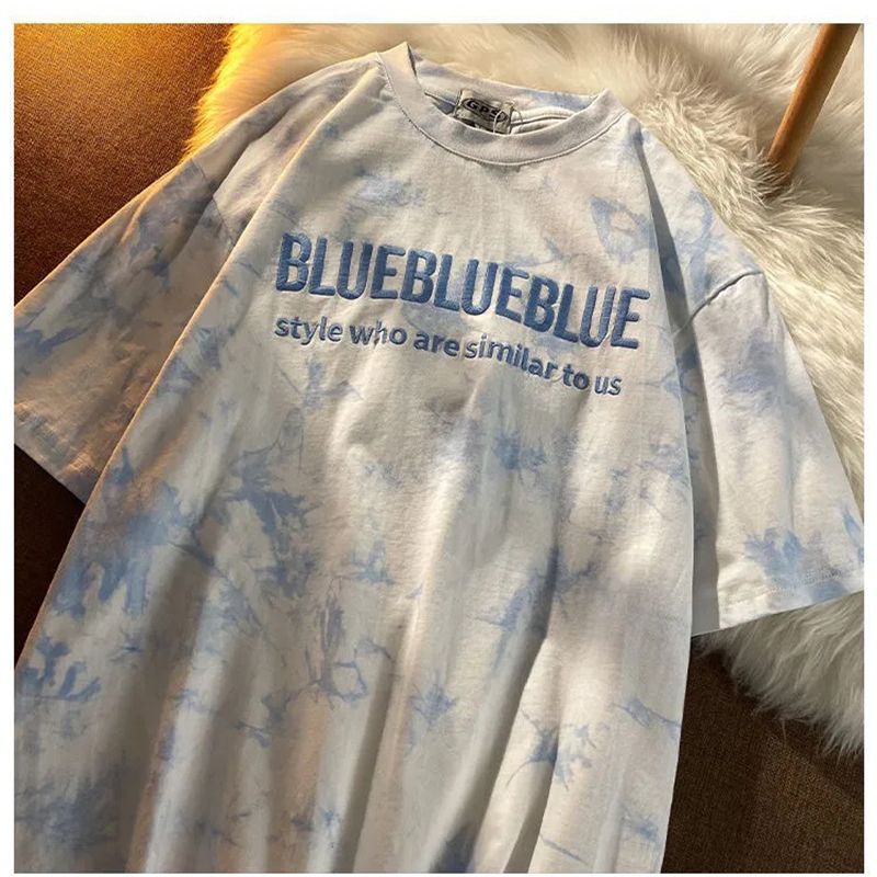 Yfashion Women  -shirt lk Silk ie-dye Blouse Embroidered Letters Short-sleeved Couple Bottoming Shirt color