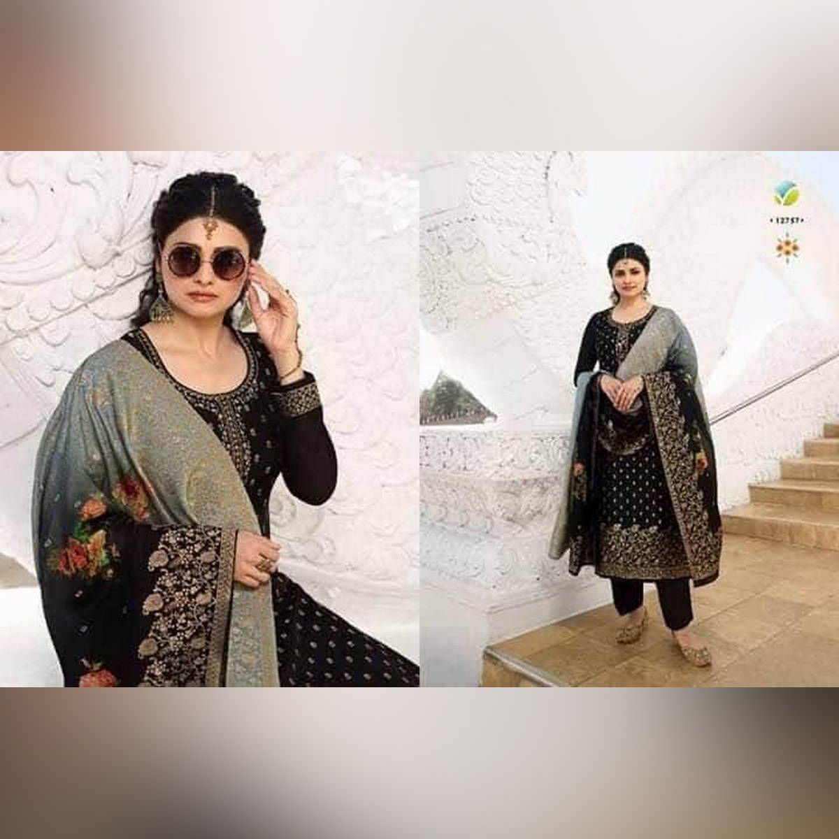 Indian Four Piece Weightless Georgette Shalwar Kameez.Semi-Stitched Embroidery Work Free Size - Party/Wedding Wear Suits for Women