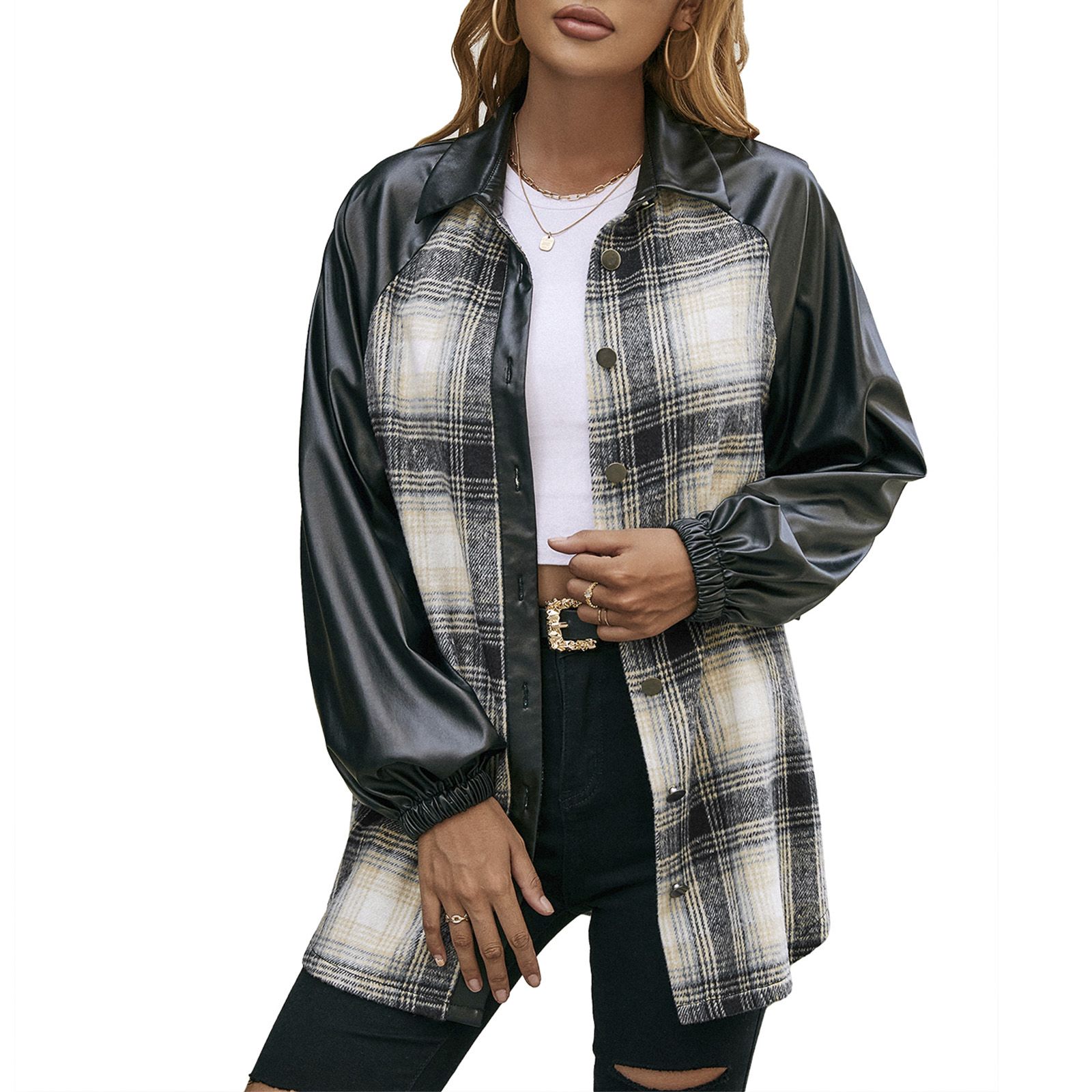 Women Button-down Collared Coat, Plaid Printed Pattern Long Jacket with Pockets, Black/ Navy