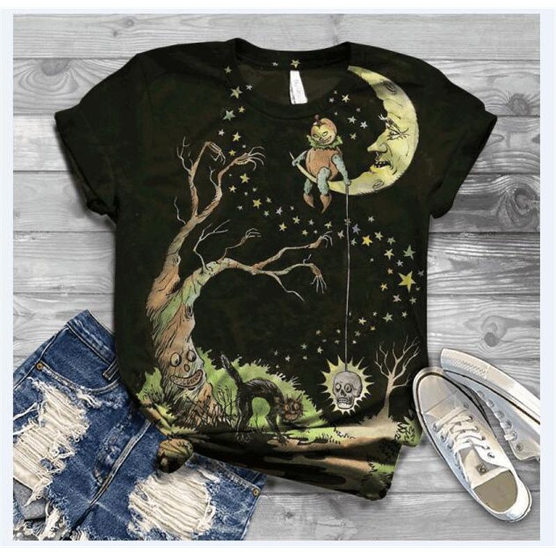New Woman Halloween Print T-shirt, Rolled Sleeve Round Neck Loose Top Casual Style Pullover