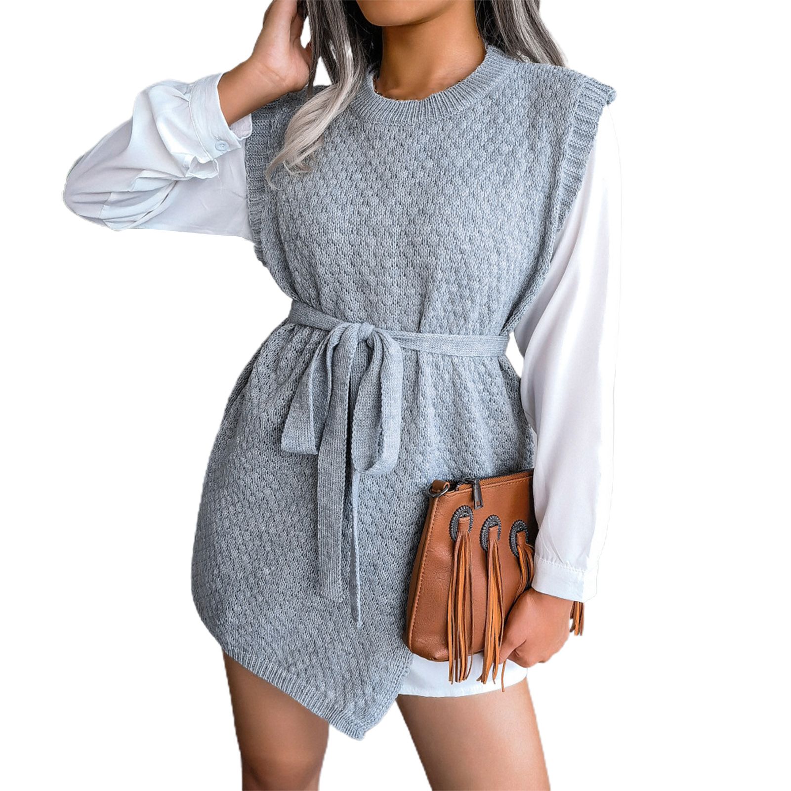 Lady Waistcoat Belt Side Split Sweater Waistcoat