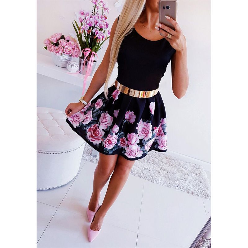 Women Summer Flower Printed A-Line Dress O-Neck/V-Neck Sleeveless Mini Dress Elegant Lady Steetwear Party Dress (Without Belt)