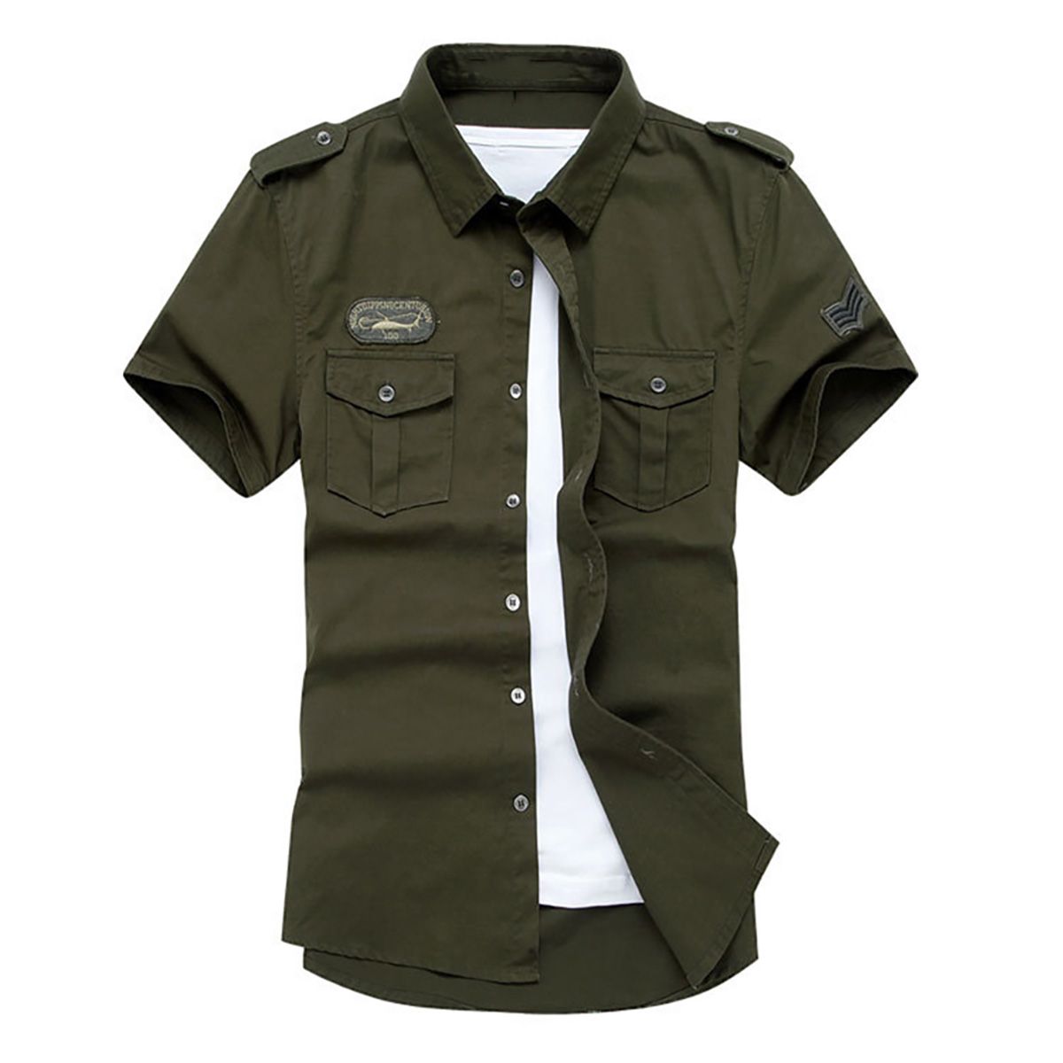 Plus Size Military Men Solid Color Turn Down Collar Short Sleeve Shirt Slim Top
