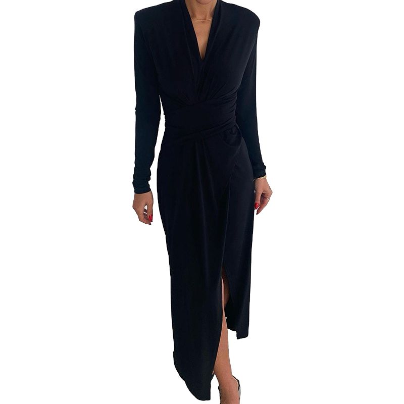 Women Slit Dress with Shoulder Pad, Black Solid Color Long Sleeve Plunging Neckline One-piece, S/ M/ L/ XL