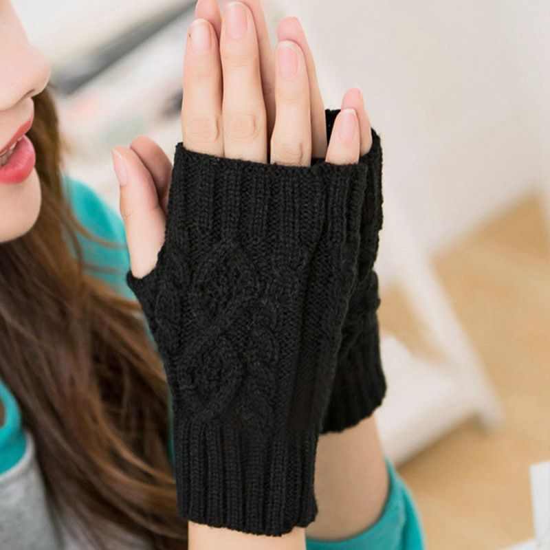 Women Winter Knit Fingerless Gloves Arm Crochet Knitting Hollow Heart Mitten Warm Gloves Mittens Elastic Short Wrist Protector