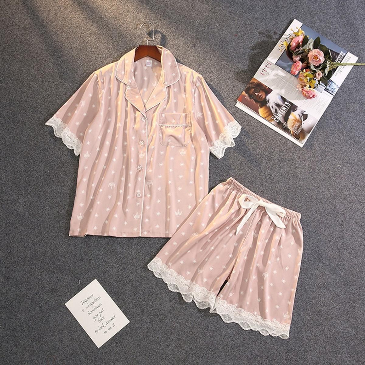 Ice Silk Pajamas Sets Women's Printing Pyjama Long Sleeve Button Autumn Winter Home Suits Lapel Sexy Lingeres Lace Pijama 2Pack