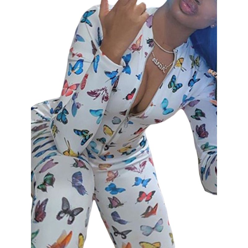 Women’s Fashion Butterfly Jumpsuit Summer Zipper Open Round Neck or Backless Suspender Tight-fitting Casual Bodysuit