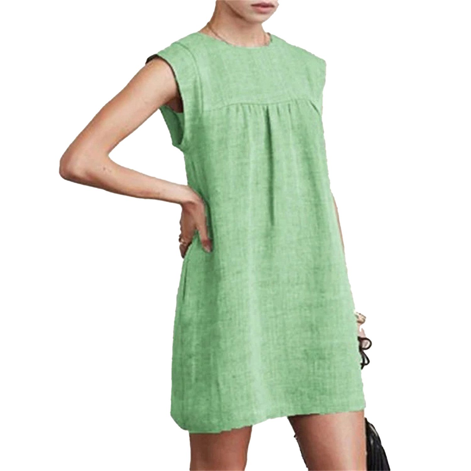 Midi Dress Solid Color Round Neck Women Loose Sleeveless Patchwork Dress for Dating