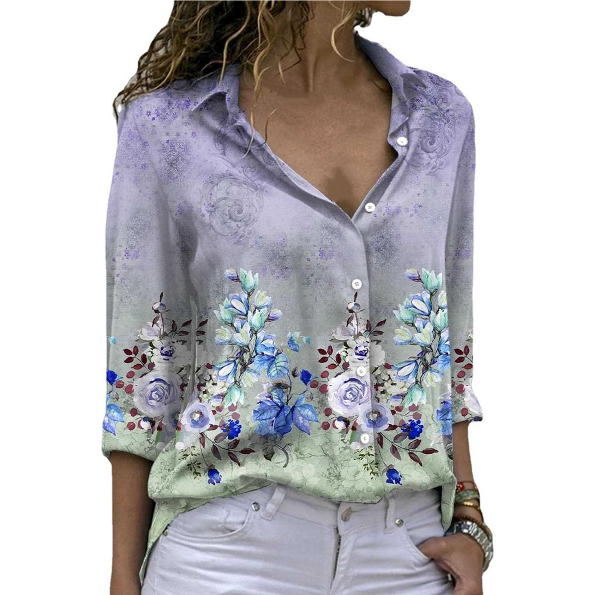 Loose Shirt Fine Sewing Crafts Buttons Up Flower Print Sweet Shirt
