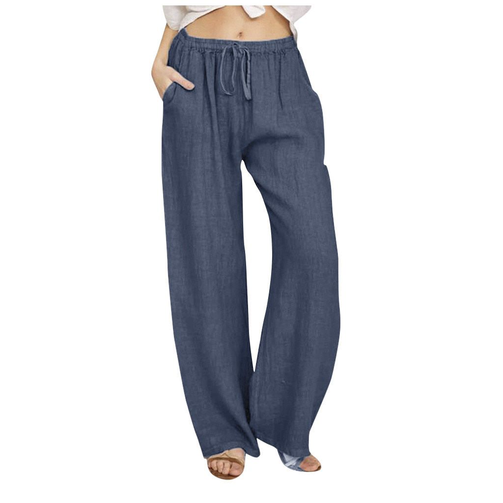 Summer Fashion Pants Plus Size 3xl Women Casual Solid Cotton Linen Pockets Loose Drawstring Elastic Waist Long Wide Leg Trousers