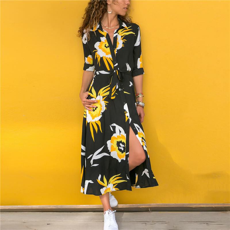 Long Sleeve Floral Print Shirt Dress Women Turn Down Collar Chiffon Beach Dress Autumn Plus Size Elegant Work Wear Dress