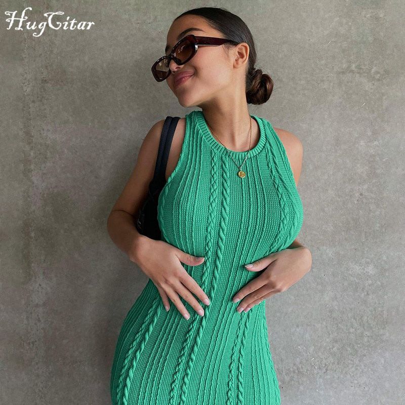 Sleeveless O-Neck Sweater Bodycon Crochet Solid Dress Summer Women Streetwear Party Club Elegant Clothing Y2K