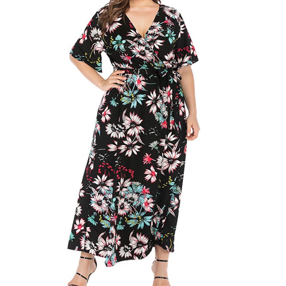 Over Size Women Dress V-Neck Floral Printing Ribbon Falbala High Waist Loose Long Dress