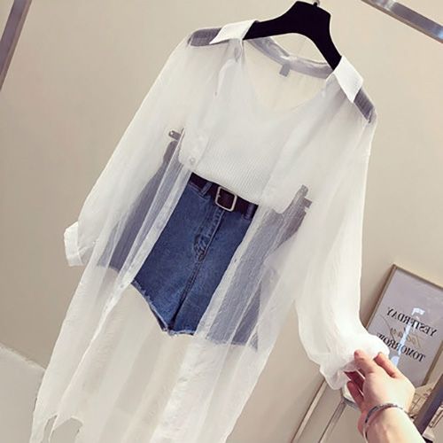 Korean Loose Sun Coat Women New Summer Fashion Thin POLO Collar Single-ed Long Sleeve Solid Color Sun Protection Coat