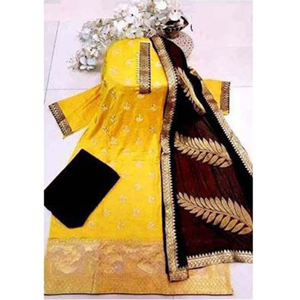 Unstitched Yellow and Black Cotton Salwar Kameez for Women