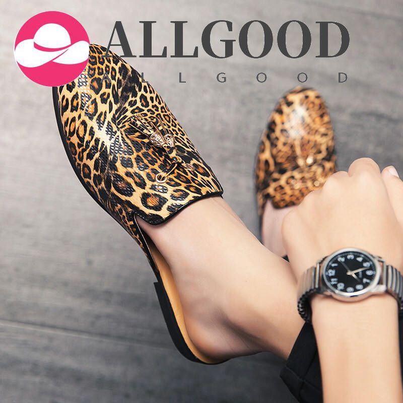 Mens Half Dragged Slip on Loafers Fashion Leopard Print Slippers Sandals Pointed Toe Shoes Kasut Lelaki